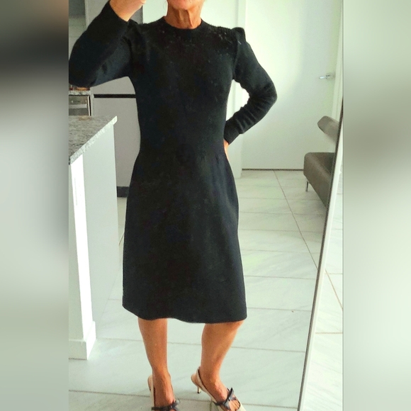 St. John Marie Grey 80's Black Santana Knit Puff Long Sleeve Knee Length Dress - Picture 9 of 11